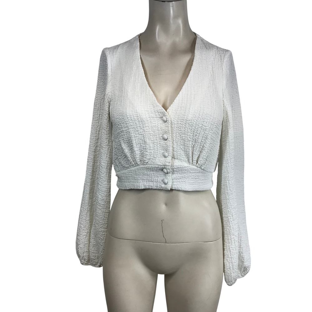 Lulus White Textured Plunge V Neck Button Front Cropped Long Sleeve Blouse Top S